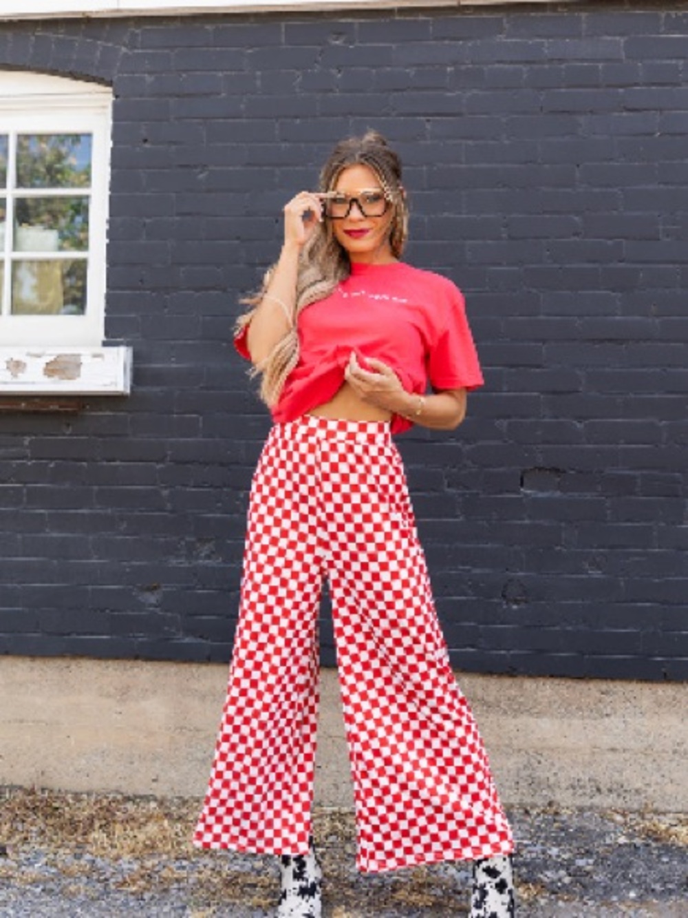 Red Checkered Cropped Wide-Leg Pants - Women's Ankle Pants